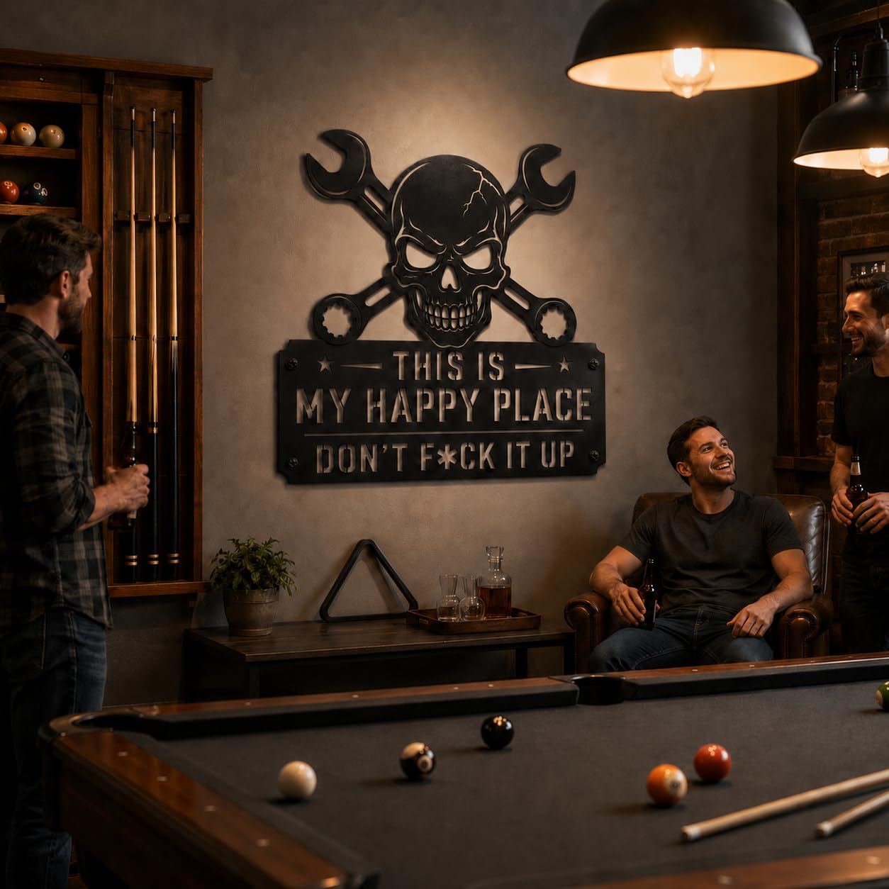 YXESO This Is My Happy Place Sign, 12 in Funny Black Metal Garage Metal Wall Art Sign with Skull & Wrench Design for Man Cave, Workshop, Tool Shed, Home Bar, Mechanic Dad Decor