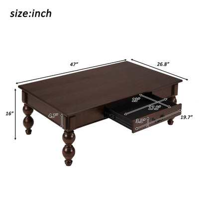 KEIKI 47''L Solid Wood Coffee Table with Storage Drawer, Rectangular Traditional Vintage Cocktail Center Table for Living Room, Rubber Wood Gourd-Shaped Legs, Acacia Wood Veneer, Espresso