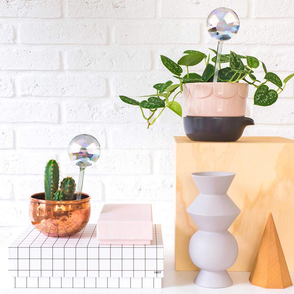 [2 PCS] Light Iridescent Rainbow Gradient Color Clear Glass Self-Watering System Spikes, Automatic Plant Waterer Bulbs