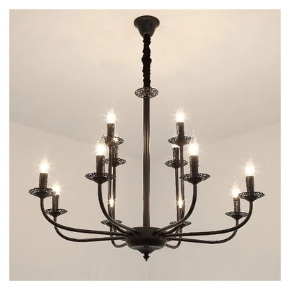 Wrought Iron Chandelier Candle Light Black Metal Lighting Fixture for Living Room Foyer Art Hanging Pendant Lamp,Luxury Style