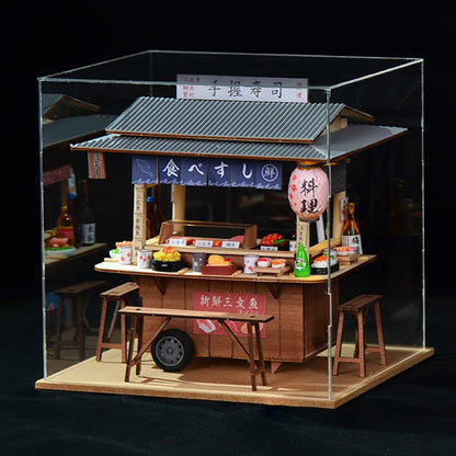 DIY Japanese Sushi Restaurant Food Truck Architectural Model Miniature Dollhouse Kit 3D Wooden Puzzle Mini Dollhouse with LED Lights and Dust Cover for Friends and Family