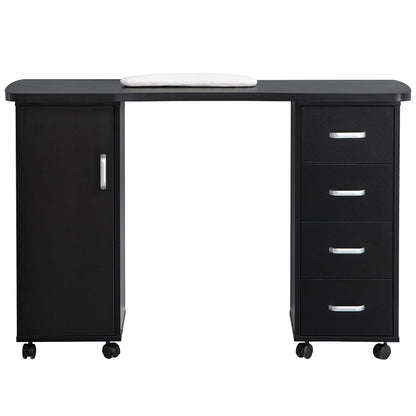 BarberPub Manicure Table, Acetone Resistant Nail Desk, Nail Table with 4 Drawers, 2 Cabinet, Lockable Wheels, Wrist Pad, Nail Desk for Nail Tech, Beauty Salon Black 0611