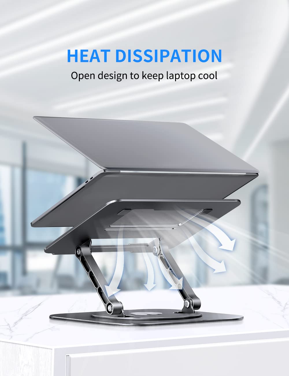 Adjustable Computer Stand with 360 Rotating Base, Ergonimic Foldable Laptop Riser for Desk Compatible with MacBook Pro/Air Notebook up to 16 Inches, Silver