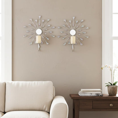 ZEXUIRU 2 Set Starburst Candle Sconces for Wall Decor Living Room Bedroom Dining Room Metal Bling, Crystal, Mirrored Modern Wall-Mounted Candle Sconce Holders Hanging Decor-Silver 13in