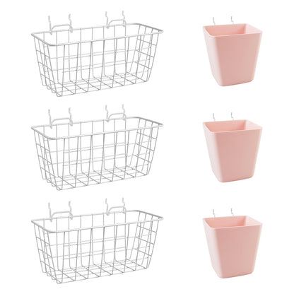 Pegboard Basket Organizers, Peg Board Large Baskets Hooks Bins Cups Tool Organizer 6 Pack Set, Wall Storage Display Hanging Accessories for Craft Office Stadio Shed Garage Organization (White & Pink)