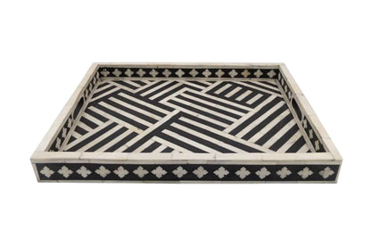 Hansa Industries Handmade Bone Inlay Serving Tray Rectanglular Geometrical Pattern Decorative Coffee Tray Platter Table Decor