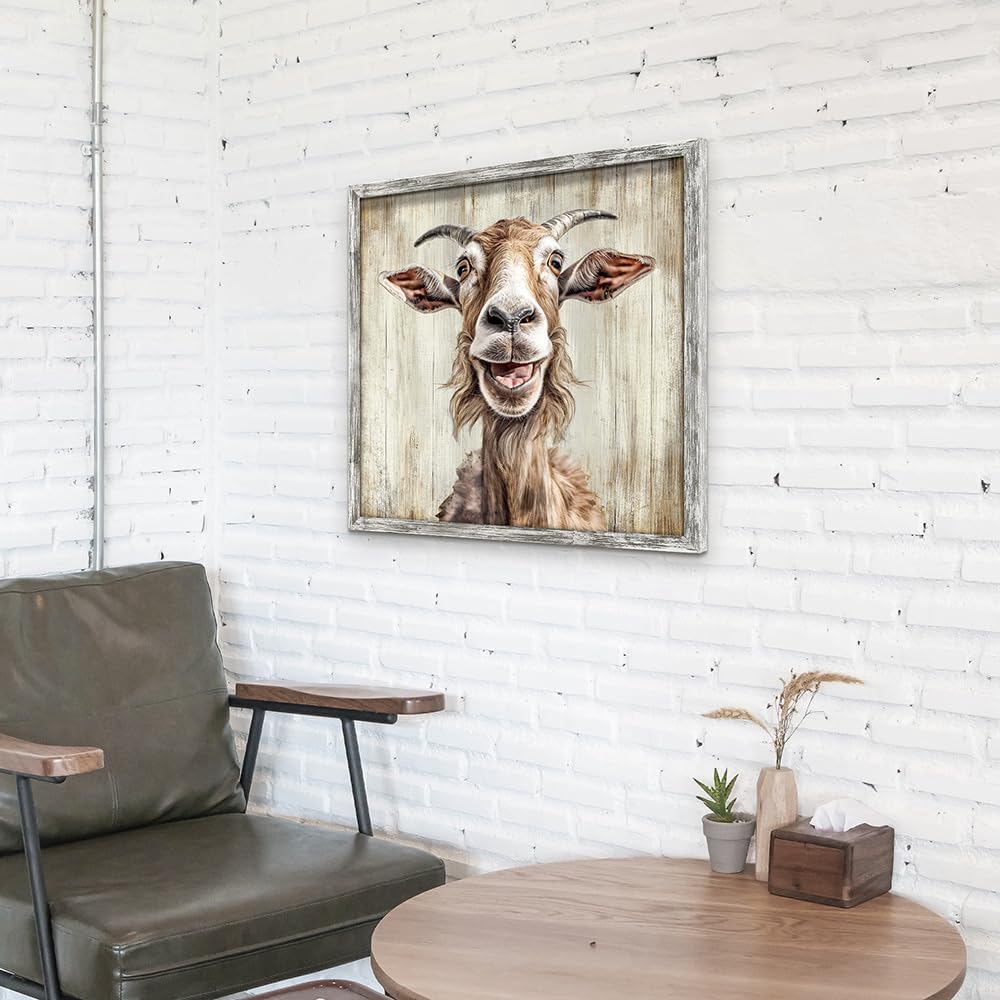 20 20 Inch Farmhouse Goat Wall Art Framed: Animal Portrait Print Decor Rustic Wood Nursery Painting Picture Funny Farm
