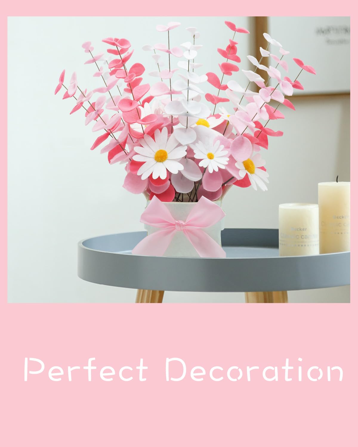 BAZIMA Felt Eucalyptus Daisy Bouquet,Felt Flowers,Multi-Color Felt Leaves,DIY Bouquet,Artificial Flower Bouquet with Flower Pot,Floral Gifts,15 Eucalyptus and 8 Daisies kit (Red Pink White)