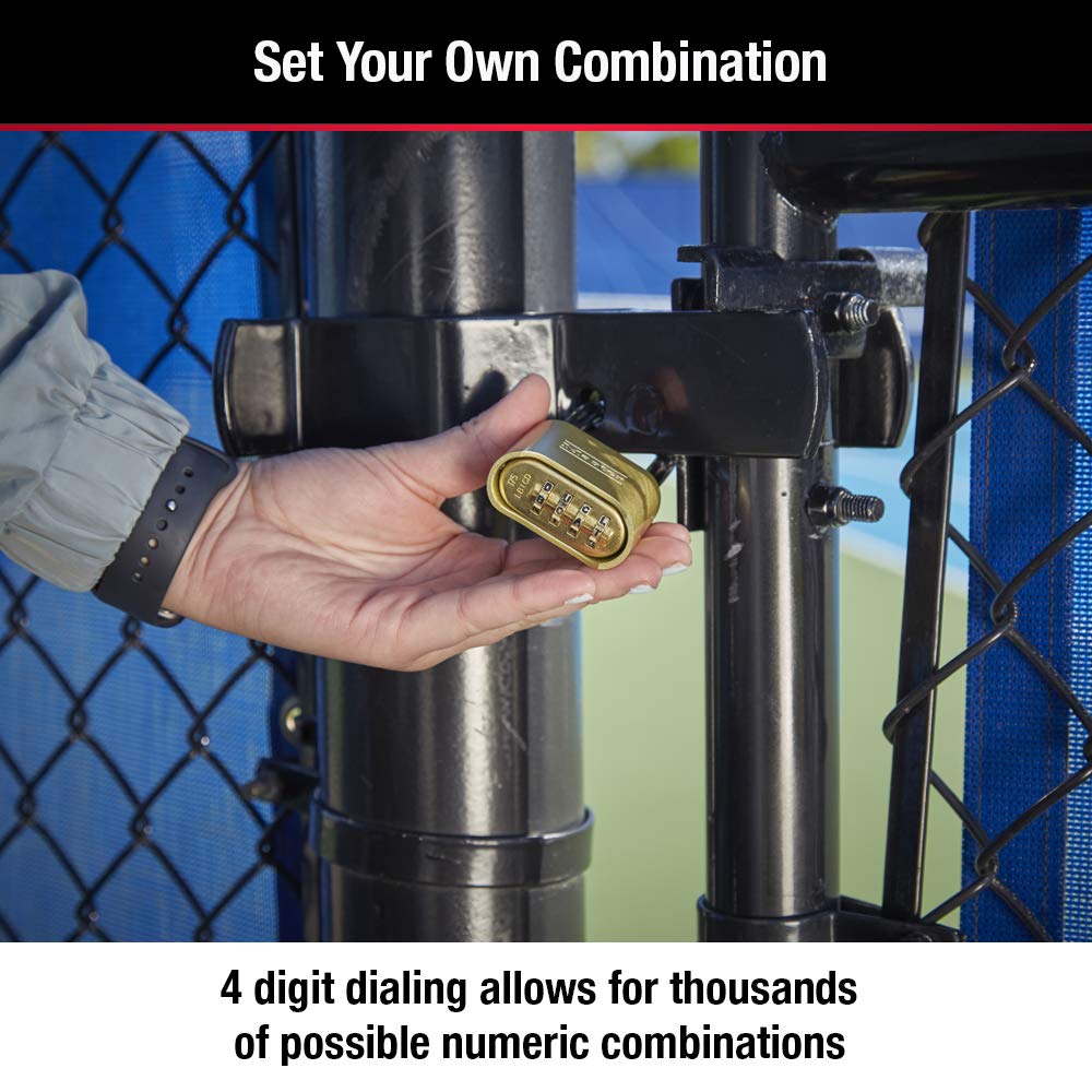 Master Lock Brass Combination Lock, Gate Lock for Outdoor Fence or Shed, Customizable Combination Padlock with Extended 2-1/4-Inch-Long Shackle, 175DLH