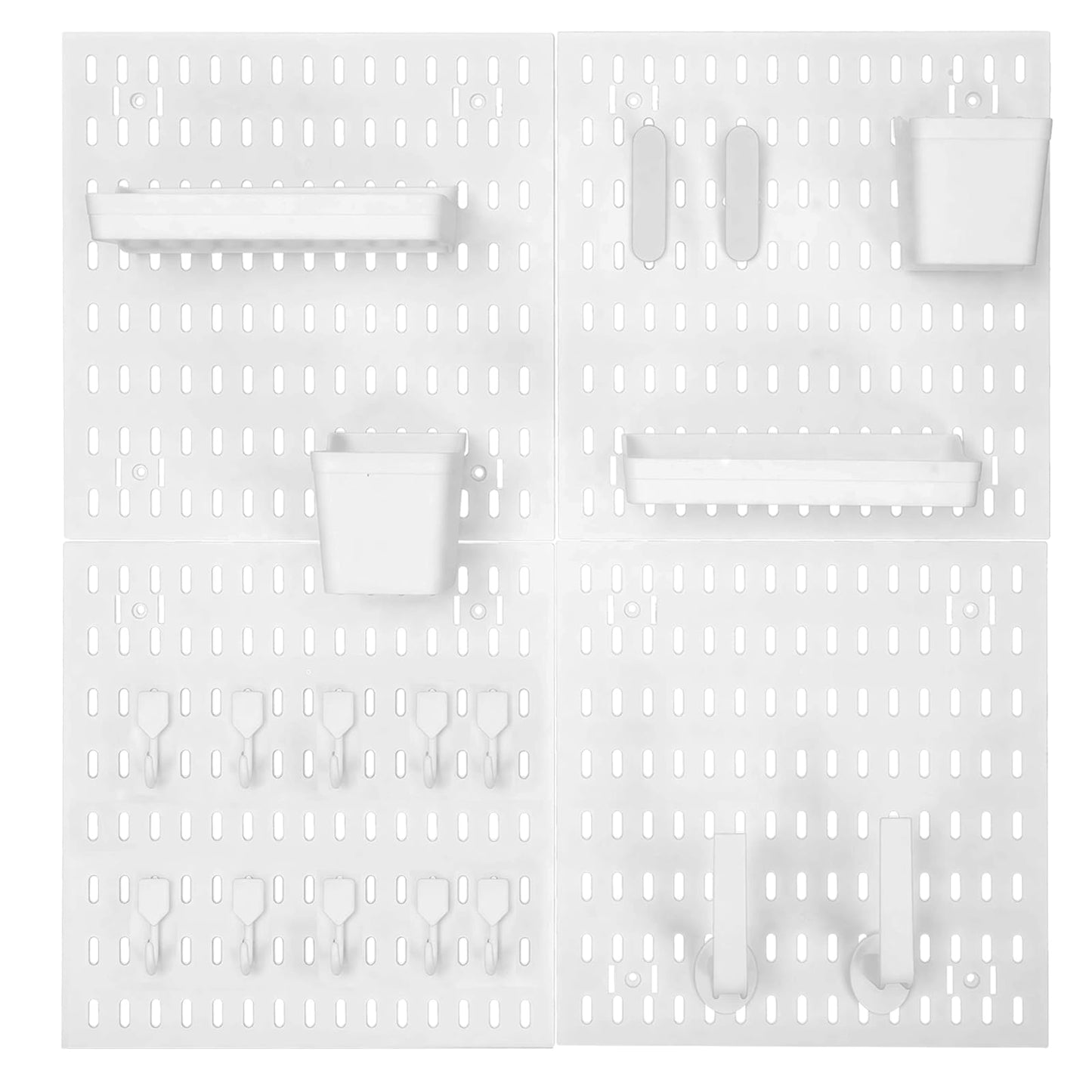4 Pack White Peg Boards with Hooks & Shelves,22pcs Kits Pegboard Wall Organizer Set–Pegboard Wall Display Rack for Office, Kitchen, Gaming Room Desk Pegboards Storage
