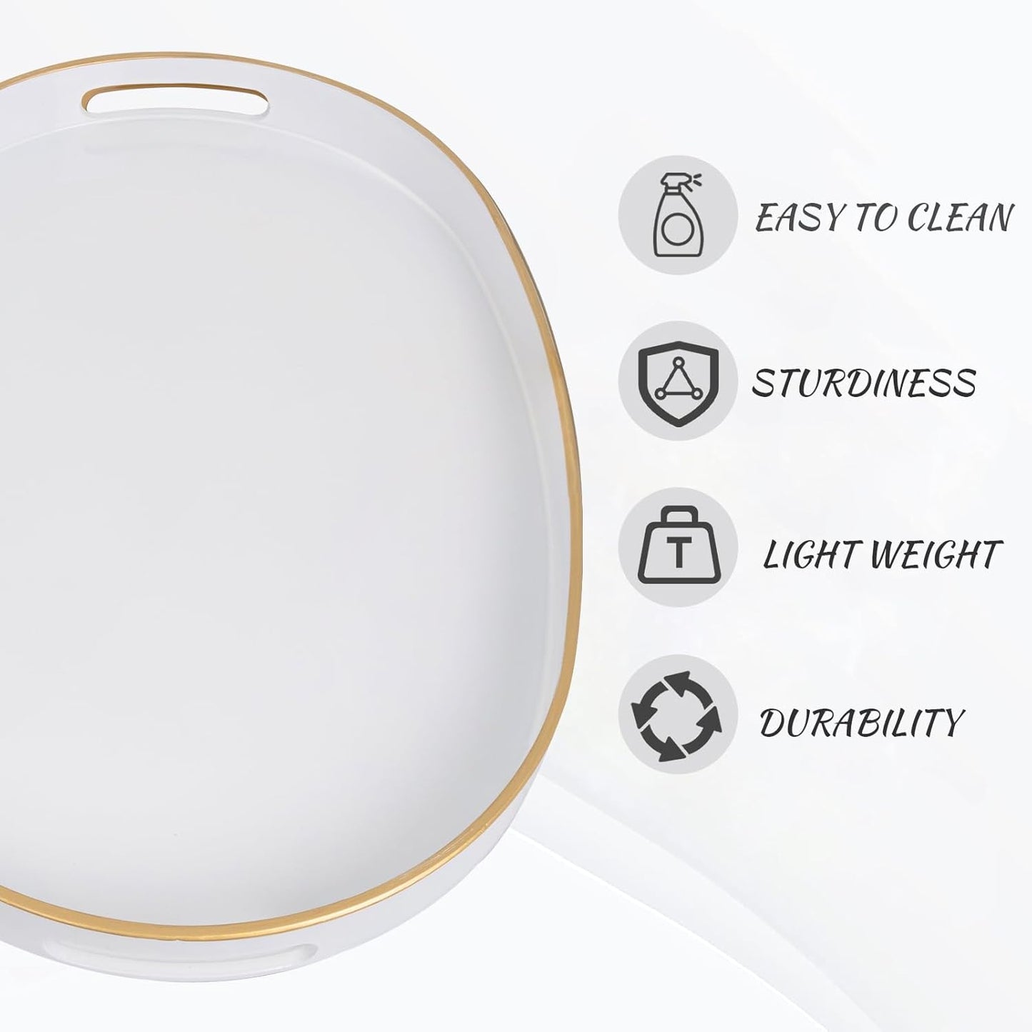 15.6" 10.6" 1.4" MAONAME White Decorative Tray, Oval Serving Tray with Handles, Plastic Trays for Coffee Table, Ottoman