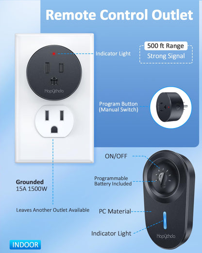[2 Pack] HAPYTHDA Wireless Remote Control Outlet Plug, No Wiring Needed Remote Light Switches Kit, 500 Feet RF Range 15A/1500W Electrical Remote Outlet for Light, Small Electrical Appliance, Black