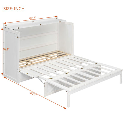 Merax Queen Size Murphy Bed Cabinet with Charging Station and Storage Drawer, Wooden Foldable Platform Bed Frame for Home Office Small Room, White