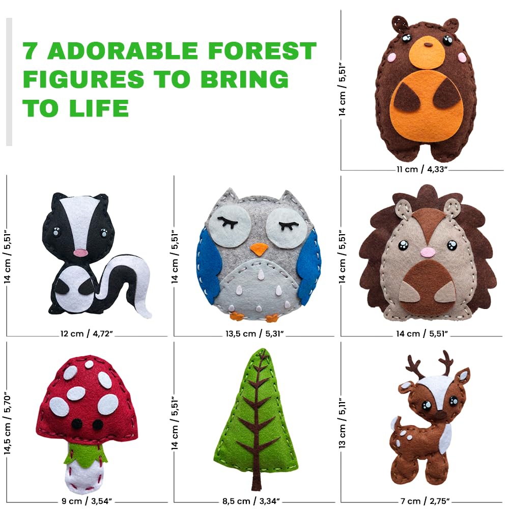 DeFieltro Sewing Kit for Kids - DIY Forest Animals Kids Sewing Kit for Beginners Ages 7-12, Educational Craft Kits with 7 Felt Figures, Safe Plastic Needles and Accessories