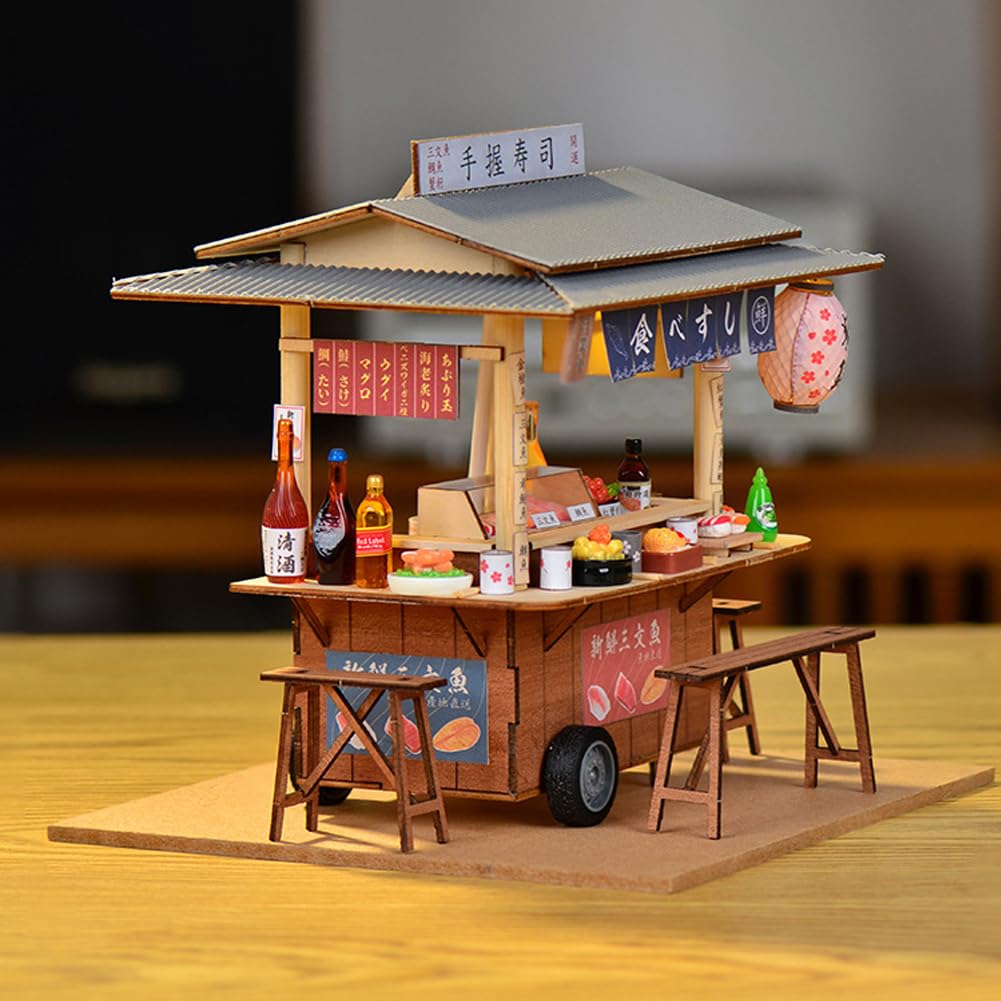 DIY Japanese Sushi Restaurant Food Truck Architectural Model Miniature Dollhouse Kit 3D Wooden Puzzle Mini Dollhouse with LED Lights and Dust Cover for Friends and Family