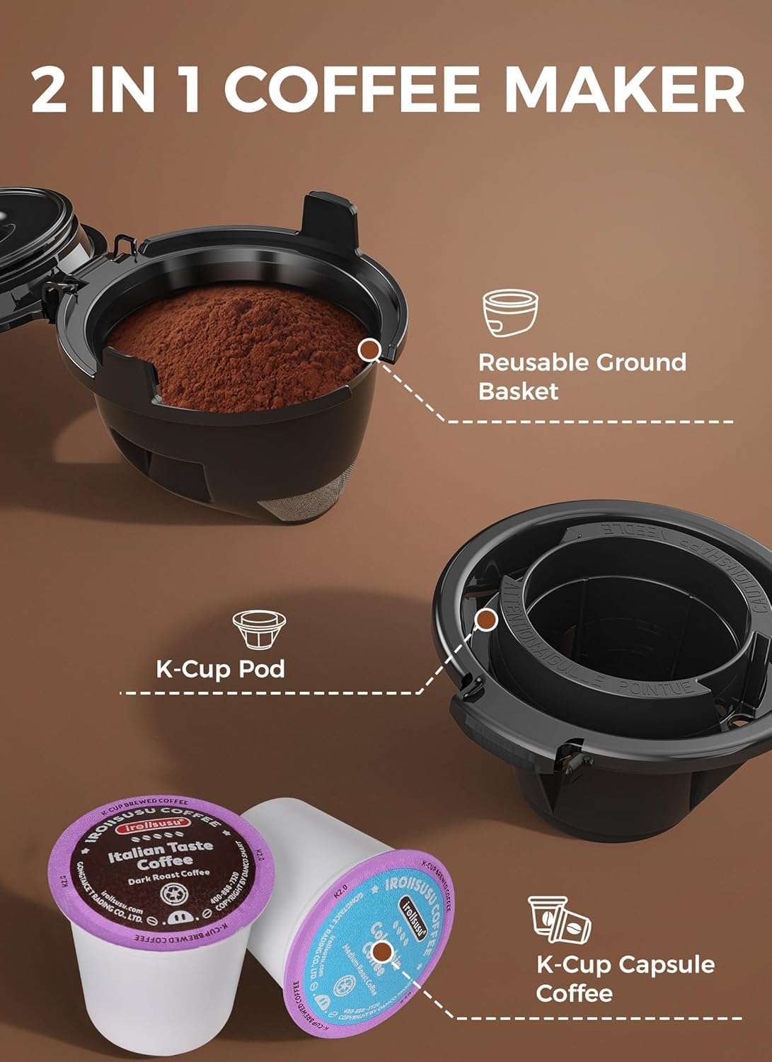 2 1 40 Oz 5 6-14 Oz, Electactic Single Serve Coffee Maker, in Kcup Pod & Ground Coffee Brewer, Removable Water Tank