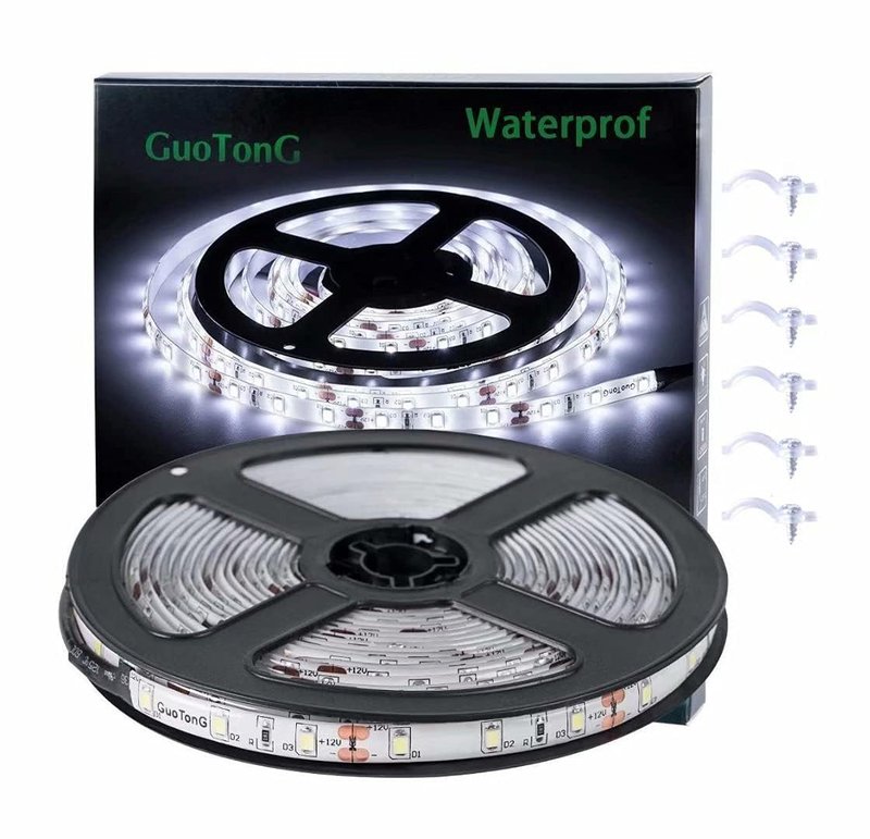 GUOTONG White LED Strip Lights, Waterproof cuttable 300 SMD 2835 LED Tape, 6000K 12V 16.4ft/5m Flexible Ribbon, Kitchen Cabinet Lighting, Outdoor/Indoor (No Power Supply)