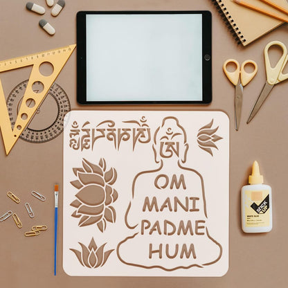 FINGERINSPIRE 9 Pcs Religious Pattern Stencils with a Brush 11.8x11.8Inch Buddha Painting Stencils Yoga Pattern Template PET Mandala Lotus Flower Template for Wood Wall Floor Tiles Furniture