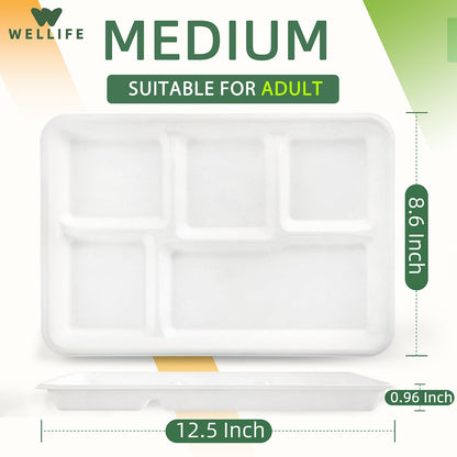 WELLIFE 100% Compostable 5 Compartment Paper Plates, 100 Pack Disposable School Lunch Trays Divided Plates for Adult Youth, 12.5 * 8.6 inch Heavy Duty Eco-Friendly Bagasse Plate for Buffet and Party