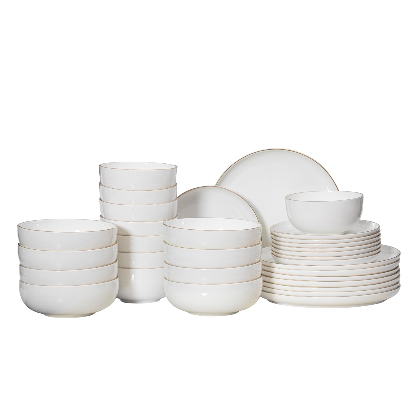 Perlaceo Luxurious Collection of 32-Piece White with Gold Rim Bone China Dinnerware Set - Lightweight and Durable - Service for 8, Including Dinner Plates, Salad Plates, and Cereal or Soup Bowls