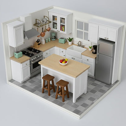Miniature Dollhouse Kitchen Island, 1/12 Scale Wood Dining Table with Storage Shelves, Modern Furniture Accessories, Rectangular Mini Counter Shelving for Restaurant Pub Bar Decoration, White