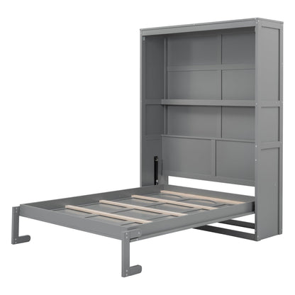 Ball & Cast Full Size Murphy Bed Wall Bed with Shelves and Mattress Holder,Wood Hideaway Cabinet Chest w/Slat Support,can be Folded,for Small Room,Dorms,Gray