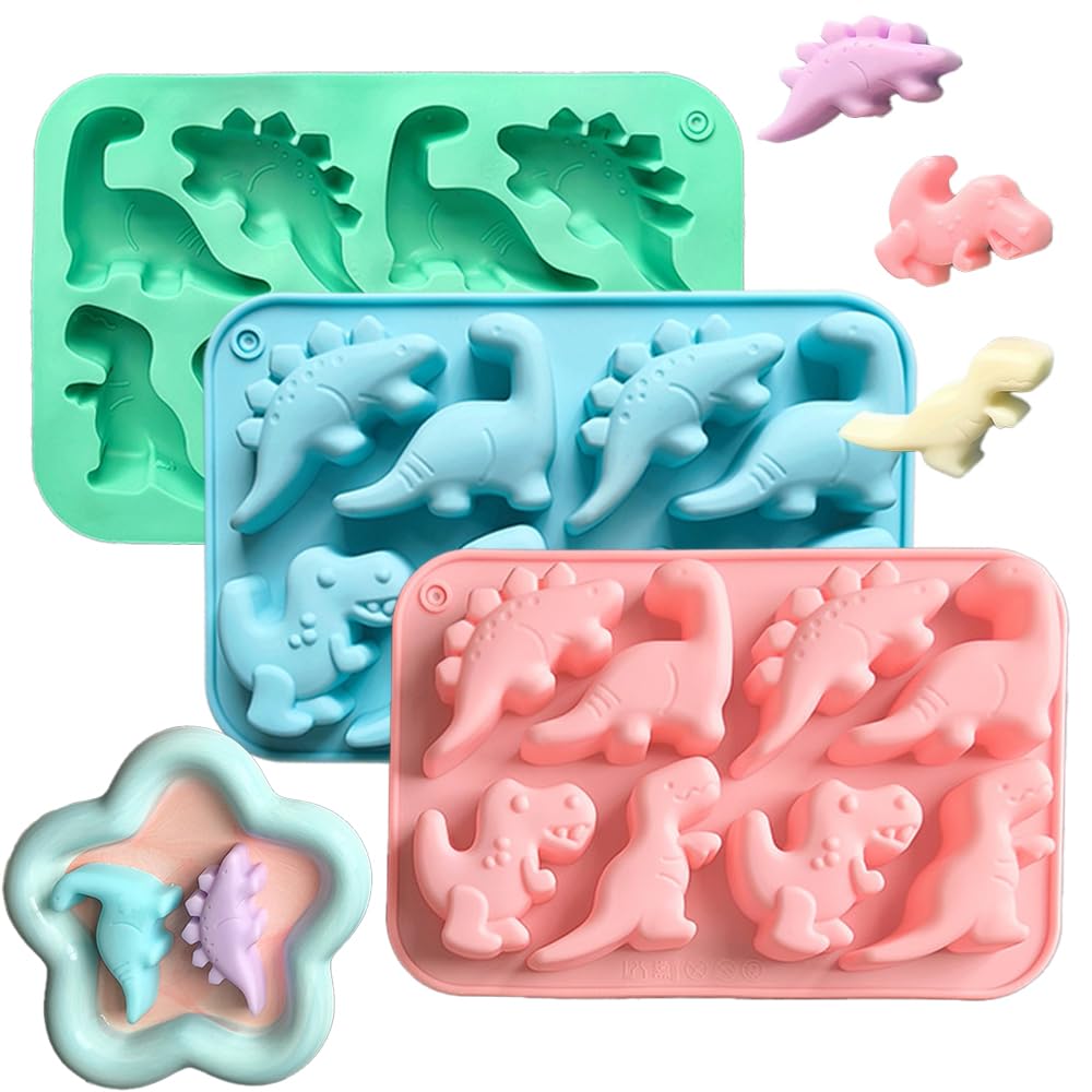 3 Packs Dinosaur Silicone Molds 8 Cavity 3D Dinosaur Baking Mould Cute Animal Themed Chocolate Mold for Cake Topper Candy Dessert Cookies Handmade Soap Craft DIY