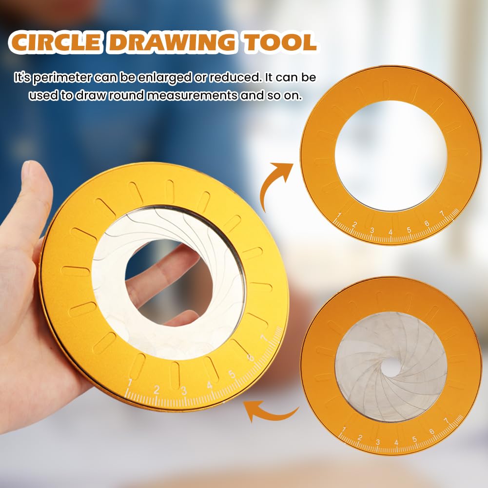 Adjustable Circle Drawing Maker, Stainless Steel & Aluminum Alloy Rotary Round Template, Measuring & Drawing Ruler, Geometric Plotting Compass Tool(Gold,Size:5 inch)