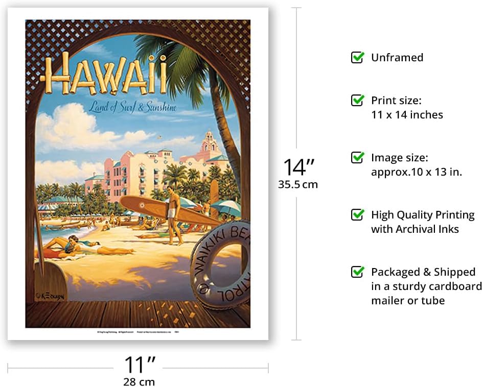 Hawaii Land of Surf & Sunshine - Waikiki Beach - Vintage Hawaiian Travel Poster by Kerne Erickson - Fine Art Matte