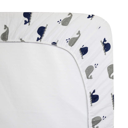American Baby Company 100% Natural Cotton Fitted Pack and Play Sheet 39" x 27" - Soft & Breathable Pack N Play Sheet for Playpen, Playard & Mini Crib Mattress, Navy Whale, for Boys & Girls