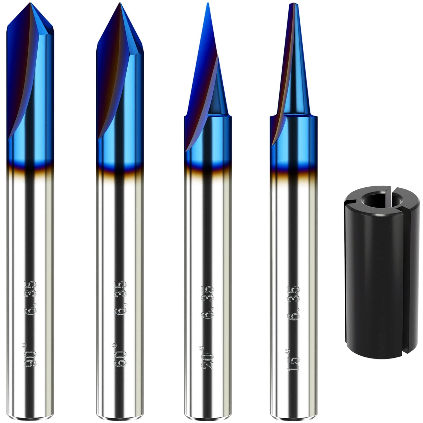 Helovmine Engraving Bits 15, 20, 60, 90 Degree CNC Wood Carving Router Bit Set with Nano Blue Coated, Marking Conical Engraving Router Tool , 2 Flutes Tungsten Steel Straight CNC V-bit 1/4 Inch Shank