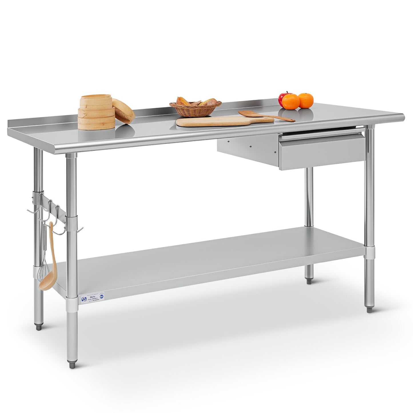 Hally Stainless Steel Prep Table 24 x 60 Inch with Backsplash, NSF Certified Commercial Work Table with Drawer, Removable Stainless Steel Pan, Undershelf and Side Hook for Restaurant, Home, Garage