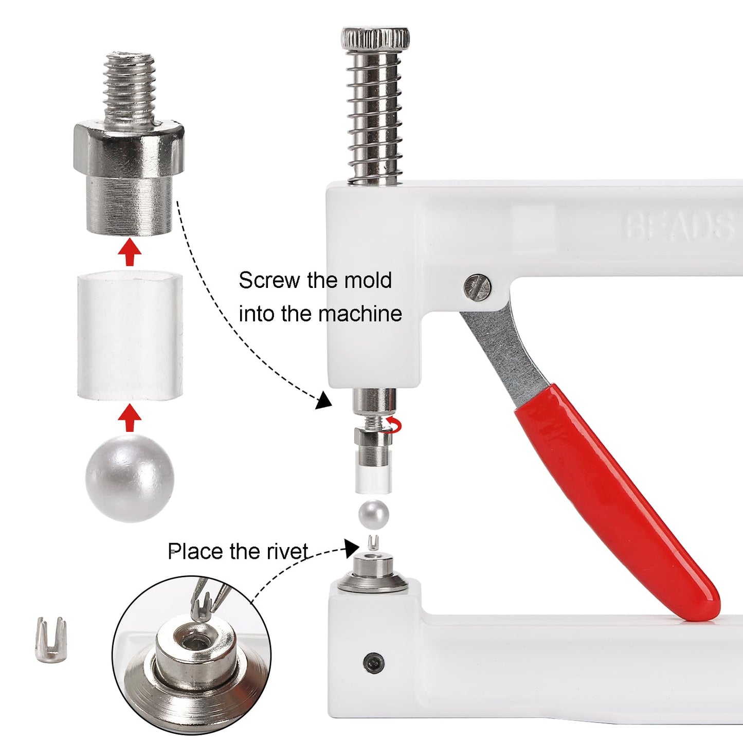 Okllen Pearl Handmade Setting Machine, Beads Rivet Fixing Machine with 5 Sizes, Round Pearl Beads Rivet Studs for Hats, Shoes, Clothes, Bags, Skirts, Beads DIY Accessories