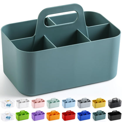 Multiuse Caddy Organizer with Handle, Portable Divided Plastic Tote Bin - Art Craft, Stationary Pen Marker Crayons, Makeup Hair Supplies Storage - Bathroom, Classroom, Dorm, Office, Desk Holder - Cyan