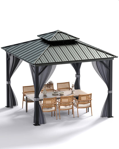 12'X12' Hardtop Gazebo, Outdoor Double Roof Galvanized Steel Gazebo, Aluminum Heavy-Duty Steel Top Canopy with Mosquito Net & Privacy Curtain for Patio, Porch, Garden, Lawn, Deck, Backyard,Gray