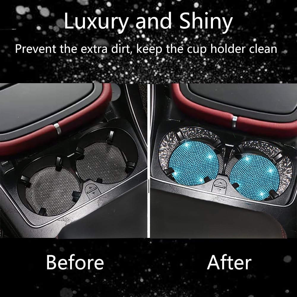 NBTEPEM 2pcs Bling Car Cup Holder Coaster, 2.75 inch Anti-Slip Shockproof Universal Fashion Car Coasters Insert Bling Crystal Rhinestone Automotive Interior Accessories for Women (2 pcs, Aquamrine)