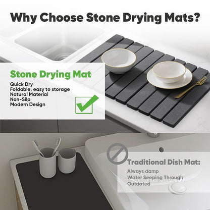 Stone Drying Mat for Kitchen Counter, Quick Diatomaceous Earth Mats for Dishes, 23.6"L x 15.7" W Super Absorbent Fast-Drying Collapsible Countertop Stone Mat (Dark Grey, 24" x 16")