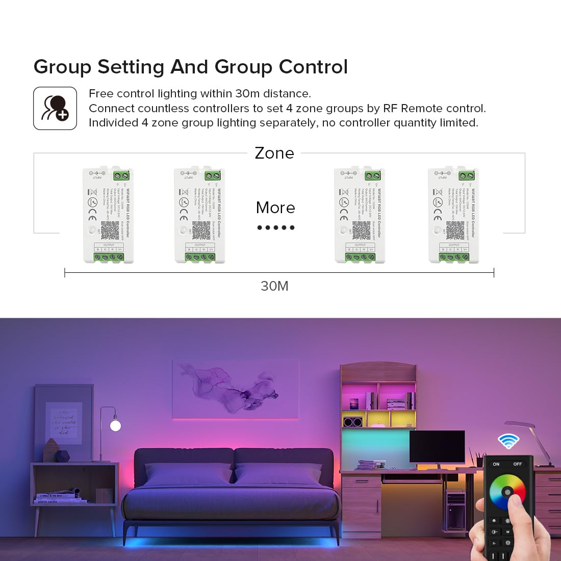 BTF-LIGHTING 5050SMD FCOB COB Dimming RF 2.4GHz Wireless Remote RC01RFB &4PCS C01RF Tuya Controller Kit 4 Zones Group Control PWM Single Color (+V -V) 2pin LED Neon Rope Light DC5V DC12V DC24V