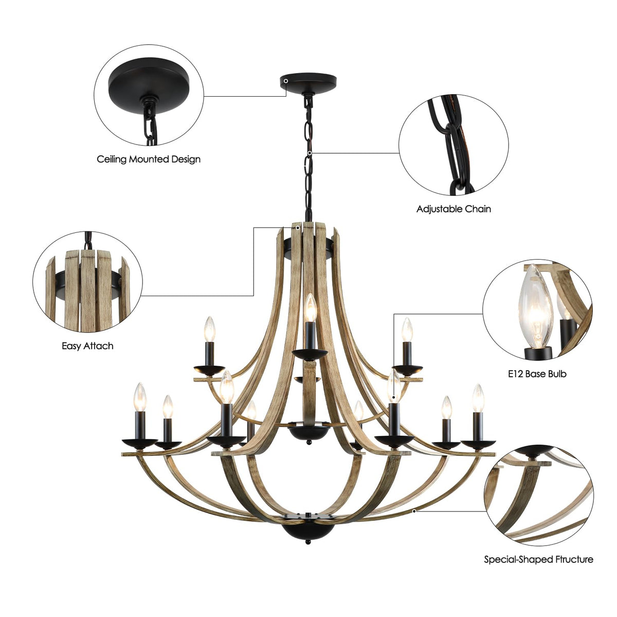 LAMPKEDUO Farmhouse Chandeliers for Dining Room Light Fixture, 2 Tier 12-Light 41" Adjustable Height Retro Faux Wood Texture Rustic Light Fixtures for Living Room Bedroom Kitchen Island Foyer Entryway