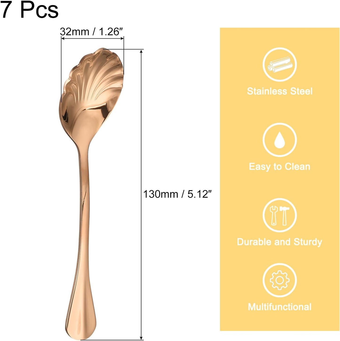 uxcell 7Pcs 5 Inch Rose Gold Stainless Steel Shell Shape Coffee Spoon Set for Tea Coffee Cake