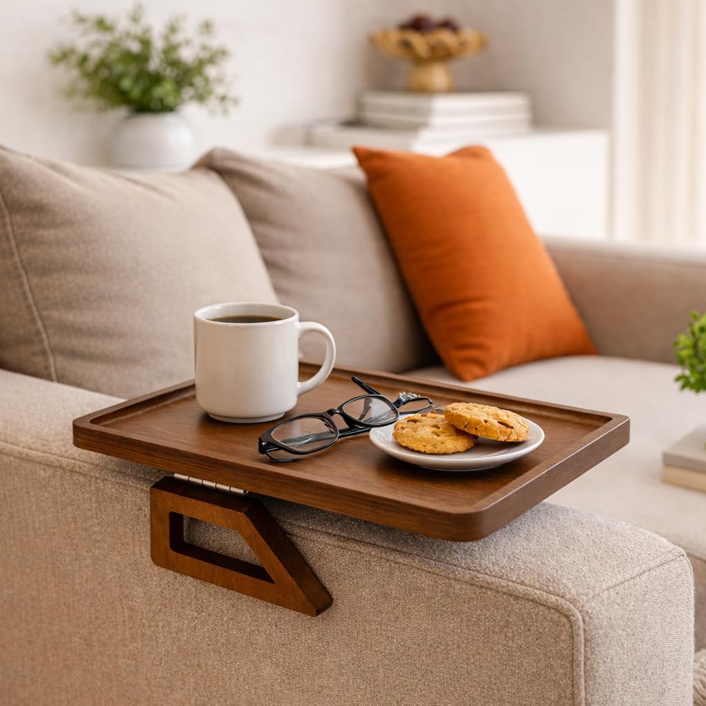 '-13 9.5 Inch Sofa Table Tray - Bamboo Couch Armrest Table Universal Fit - Sofa Table With Non-Slip Pads to Keep Things
