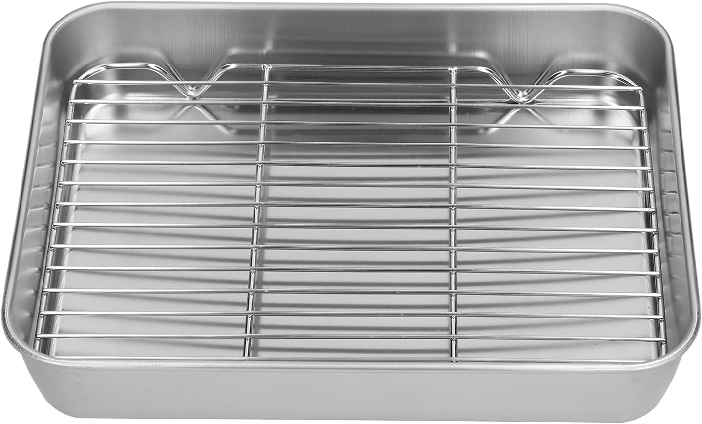 Roasting Pan with Rack, Nonstick Steel Bakeware, Rectangular Roaster for Kitchen Cooking, 23 x 17 cm