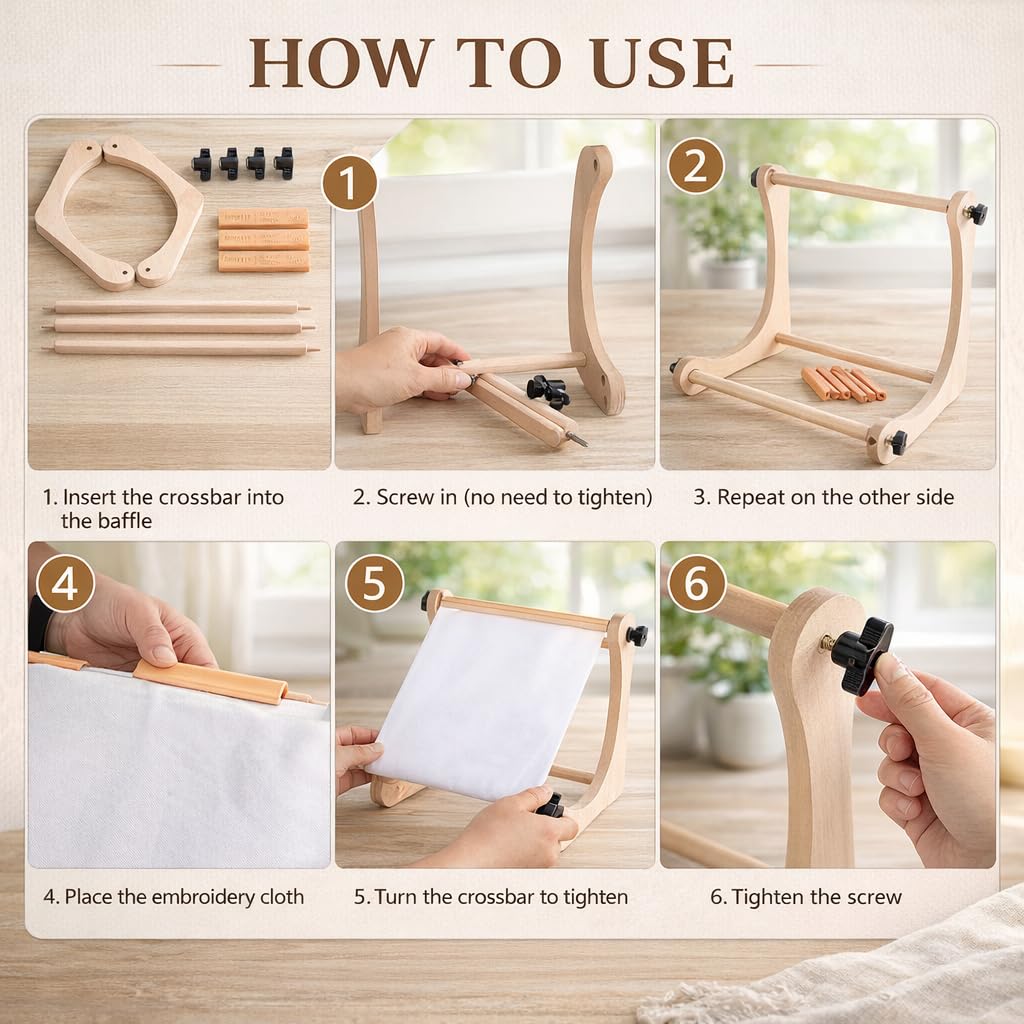 Embroidery Table Stand for Lap or Tabletop, Hands-Free Wooden Needlepoint Holder with 2 Pole Sets for Cross Stitch, Sewing and Needlework