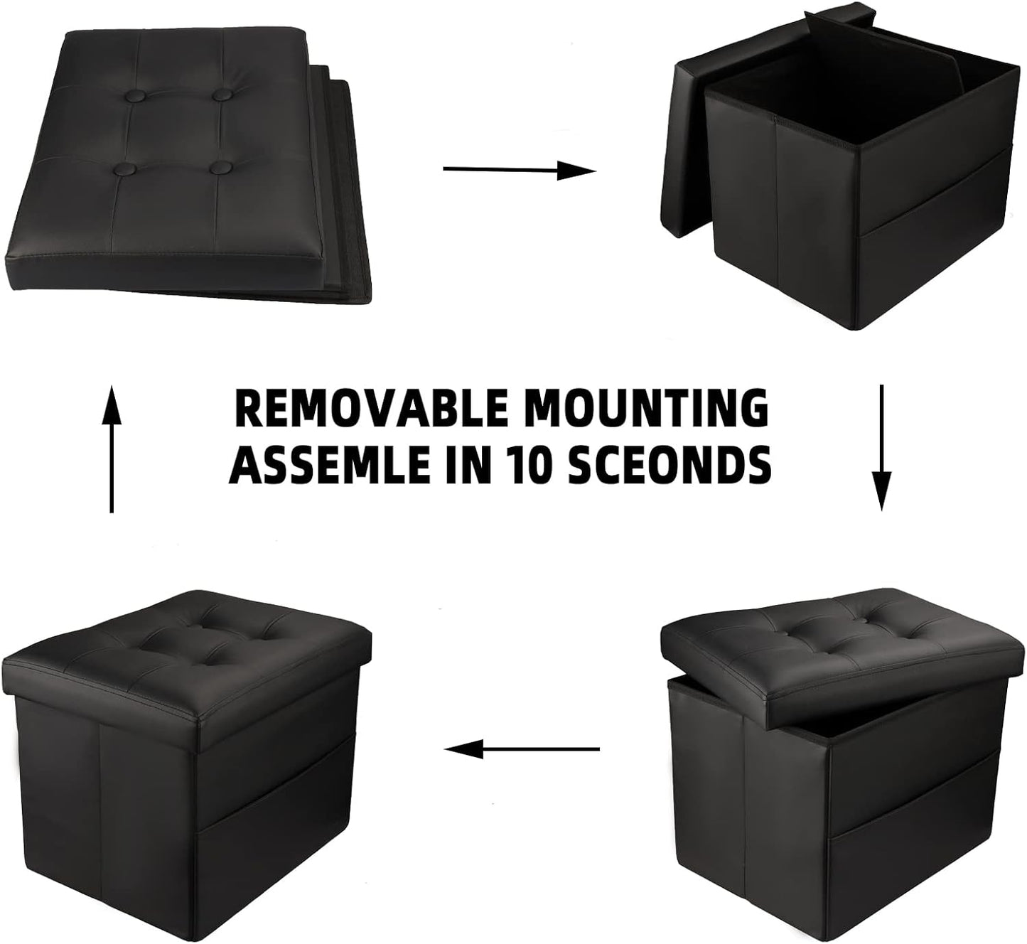 L17W13H13inches Collapsible Ottoman with Storage - Foot Rest Ottoman with Side Pocket - Black