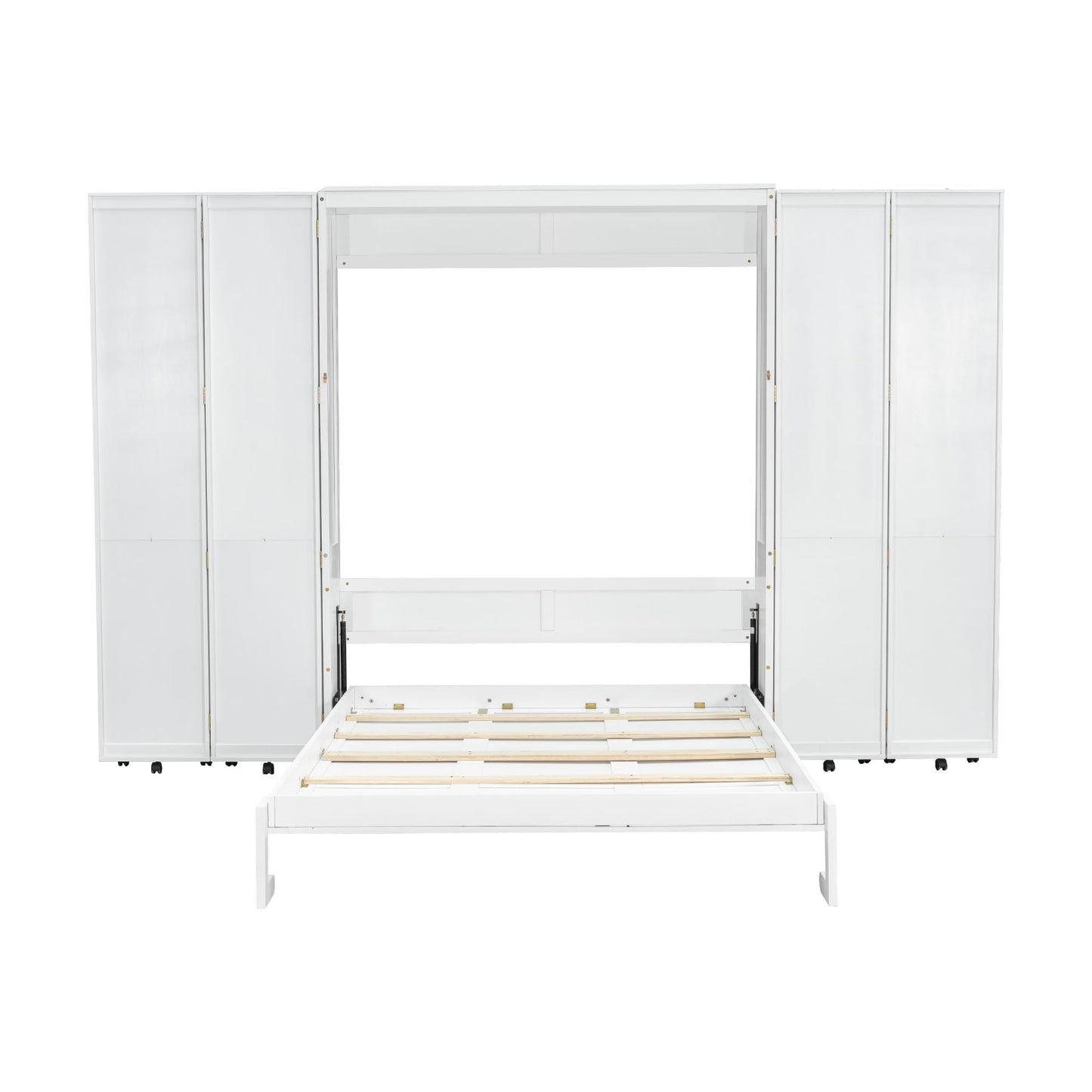 Merax Queen Size Murphy Bed with with 5-Tier Storage Shelves, Wooden Wall Bed Cabinet with Storage Doors, Foldable Platform Bedframe with Hydraulic Lift System for Guest Room and Bedroom