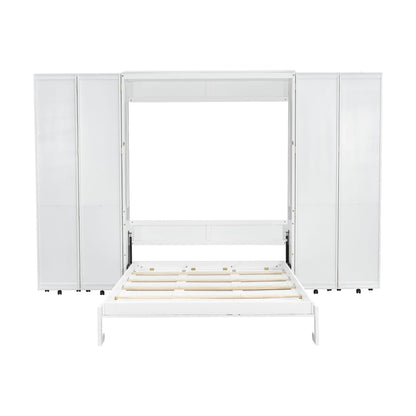 Merax Queen Size Murphy Bed with with 5-Tier Storage Shelves, Wooden Wall Bed Cabinet with Storage Doors, Foldable Platform Bedframe with Hydraulic Lift System for Guest Room and Bedroom