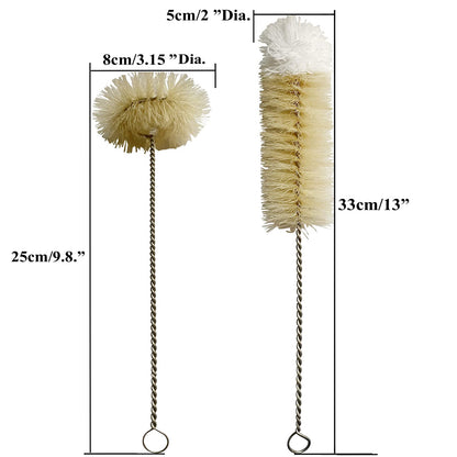 Coralpearl Bottle Brushes Thin Long Handle X 2, Skinny Wire Cleaner Set in Stainless Steel with Natural Boar Bristle at Wool Tip, Bendable Flexible for Cleaning Narrow Neck Bottles, Pipe, Tube, Hose