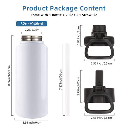 Volhoply Sublimation Insulated Water Bottles Blank Bulk 4 Pack, 32 oz Stainless Steel Sports Bottle with Straw, Double Walled Vacuum Metal Water Flask with Wide Mouth(Sublimation,4)