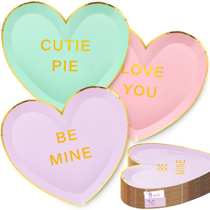 Suclain 36 Pcs Valentine's Day Heart Paper Plates 9 Inch Valentines Conversation Heart Shaped Paper Plates Disposable Candy Tableware Dinnerware for Galentine Party Favors Gifts (Green,Purple,Pink)