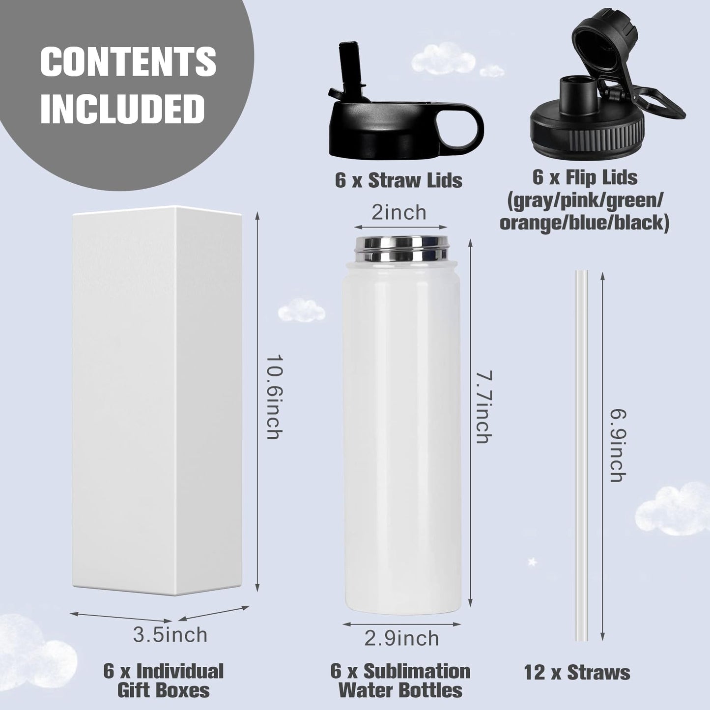 BetterSub Sublimation Sports Water Bottle Stainless Steel Insulated White Tumbler with Wide Mouth Lid and Straw 6 Packs (6packs 20oz)